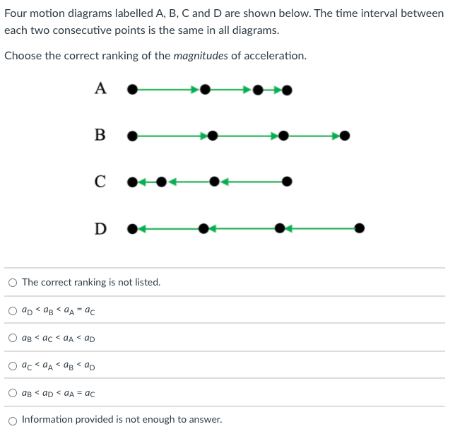 Four motion diagrams labelled A, B, C and D are shown below. The time interval between
each two consecutive points is the same in all diagrams.
Choose the correct ranking of the magnitudes of acceleration.
A
B
C
D
O The correct ranking is not listed.
ap < ag < aA = ac
aB < ac < aA < aD
O ac < aA < aB < ap
aB < ap < aA = ac
O Information provided is not enough to answer.
