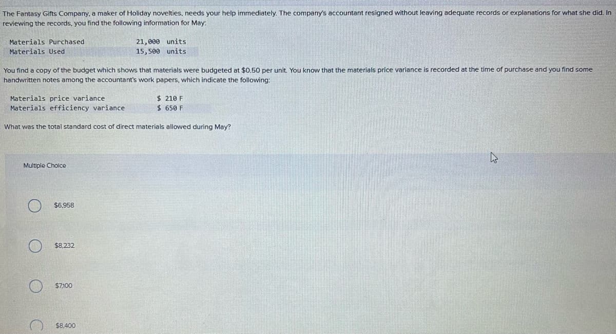 The Fantasy Gifts Company, a maker of Holiday novelties, needs your help immediately. The company's accountant resigned without leaving adequate records or explanations for what she did. In
reviewing the records, you find the following information for May:
Materials Purchased
Materials Used
You find a copy of the budget which shows that materials were budgeted at $0.50 per unit. You know that the materials price variance is recorded at the time of purchase and you find some
handwritten notes among the accountant's work papers, which indicate the following:
Materials price variance
Materials efficiency variance
What was the total standard cost of direct materials allowed during May?
Multiple Choice
O
C
$6,958
$8,232
21,000 units
15,500 units
$7,100
$8,400
$210 F
$650 F
W