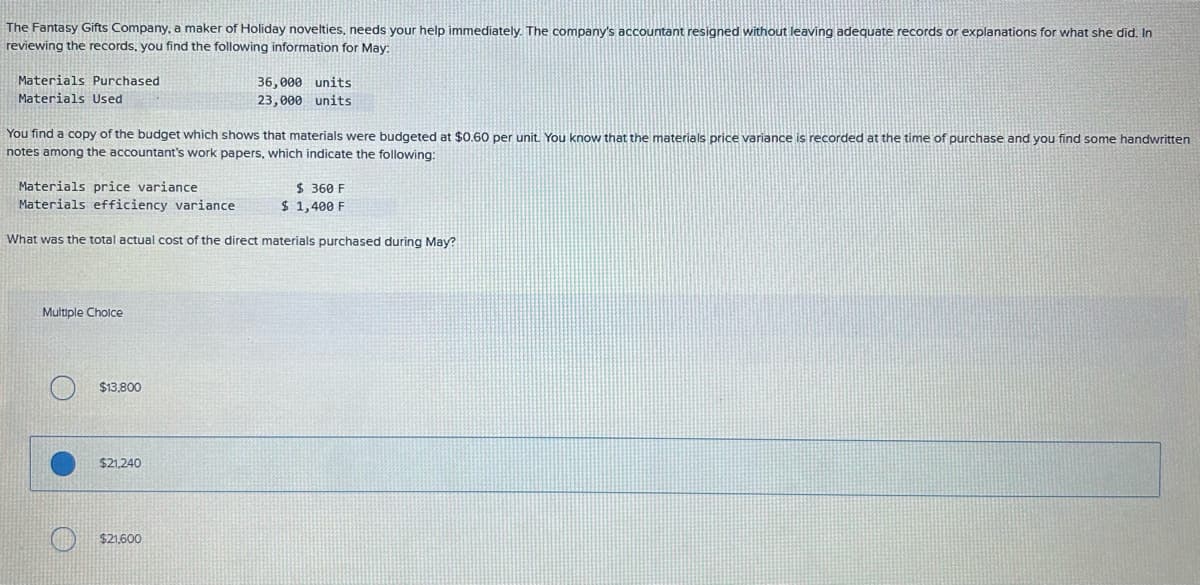 The Fantasy Gifts Company, a maker of Holiday novelties, needs your help immediately. The company's accountant resigned without leaving adequate records or explanations for what she did. In
reviewing the records, you find the following information for May:
Materials Purchased
Materials Used
You find a copy of the budget which shows that materials were budgeted at $0.60 per unit. You know that the materials price variance is recorded at the time of purchase and you find some handwritten
notes among the accountant's work papers, which indicate the following:
Materials price variance
$360 F
$ 1,400 F
Materials efficiency variance
What was the total actual cost of the direct materials purchased during May?
Multiple Choice
$13,800
36,000 units
23,000 units
$21,240
$21,600