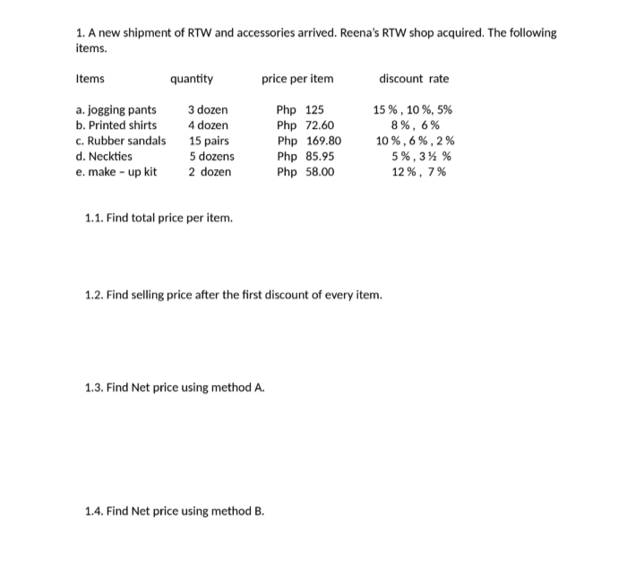 1. A new shipment of RTW and accessories arrived. Reena's RTW shop acquired. The following
items.
Items
quantity
price per item
discount rate
a. jogging pants
3 dozen
Php 125
15 % , 10 %, 5%
4 dozen
15 pairs
5 dozens
b. Printed shirts
Php 72.60
8%, 6 %
c. Rubber sandals
Php 169.80
Php 85.95
Php 58.00
10 % , 6 % , 2 %
d. Neckties
5%, 3% %
e. make - up kit
2 dozen
12 %, 7%
1.1. Find total price per item.
1.2. Find selling price after the first discount of every item.
1.3. Find Net price using method A.
1.4. Find Net price using method B.
