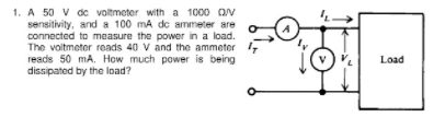 1. A 50 V dc voltmeter with a 1000 Ov
sensitivity, and a 100 mA de ammeter are
connected to measure the power in a load.
The voltmeter reads 40 V and the ammeter
reads 50 mA. How much power is being
dissipated by the load?
Load
