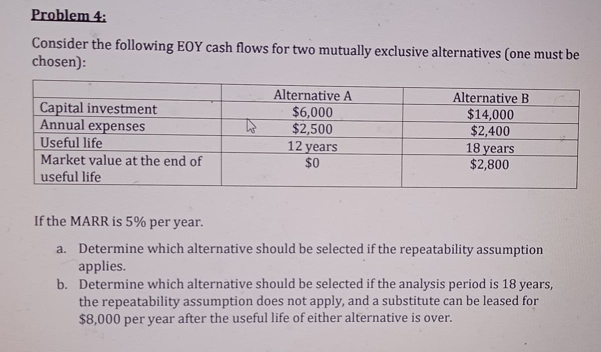 Problem 4:
Consider the following EOY cash flows for two mutually exclusive alternatives (one must be
chosen):
Alternative A
Alternative B
Capital investment
Annual expenses
$6,000
$2,500
12 years
$0
$14,000
$2,400
18 years
$2,800
Useful life
Market value at the end of
useful life
If the MARR is 5% per year.
a. Determine which alternative should be selected if the repeatability assumption
applies.
b. Determine which alternative should be selected if the analysis period is 18 years,
the repeatability assumption does not apply, and a substitute can be leased for
$8,000 per year after the useful life of either alternative is over.
