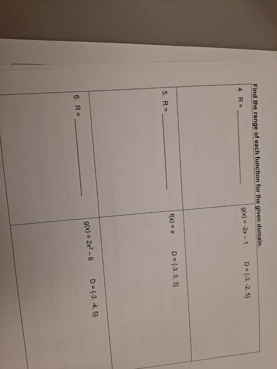 Find the range of each function for the given domain.
4. R =
g(x) = -2x – 1
D = {-3, -2, 5}
5. R =
f(x) = x
D = {-3, 0, 3}
g(x) = 2x2 – 6
D = {-3, -4, 5}
6. R =
