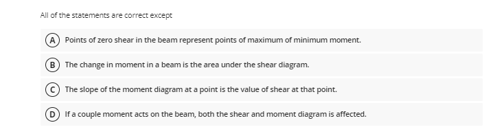 All of the statements are correct except
A Points of zero shear in the beam represent points of maximum of minimum moment.
B The change in moment in a beam is the area under the shear diagram.
The slope of the moment diagram at a point is the value of shear at that point.
If a couple moment acts on the beam, both the shear and moment diagram is affected.