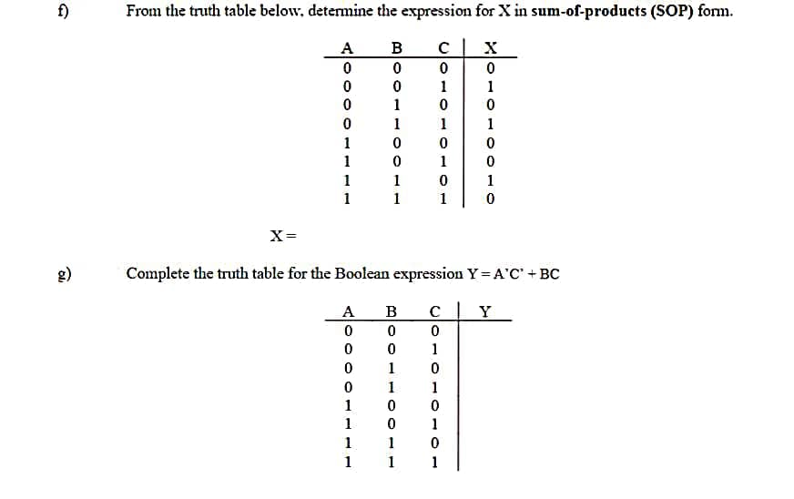 f)
g)
From the truth table below, determine the expression for X in sum-of-products (SOP) form.
A
C |
X
0
0
0
0
1
1
0
0
0
1
X=
0
1
1
1
1
B
0
0
1
1
0
0
A
0
0
0
0
1
1
1
1
1
1
B
Complete the truth table for the Boolean expression Y = A'C' + BC
300
1
1
1
0
1
0
0
1
1
0
1
0
0
1
0
CY
0
1
0
1
0
1
0
1