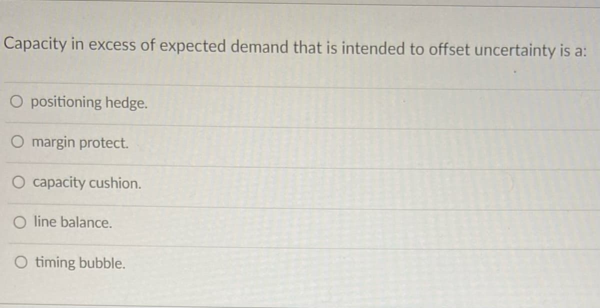 Capacity in excess of expected demand that is intended to offset uncertainty is a:
O positioning hedge.
O margin protect.
O capacity cushion.
O line balance.
O timing bubble.