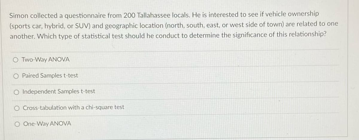 Simon collected a questionnaire from 200 Tallahassee locals. He is interested to see if vehicle ownership
(sports car, hybrid, or SUV) and geographic location (north, south, east, or west side of town) are related to one
another. Which type of statistical test should he conduct to determine the significance of this relationship?
O Two-Way ANOVA
O Paired Samples t-test
O Independent Samples t-test
O Cross-tabulation with a chi-square test
O One-Way ANOVA