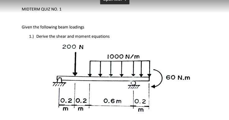 MIDTERM QUIZ NO. 1
Given the following beam loadings
1.) Derive the shear and moment equations
In..
200 N
1000 N/m
60 N.m
0.2 0.2
0.6 m
|0.2
