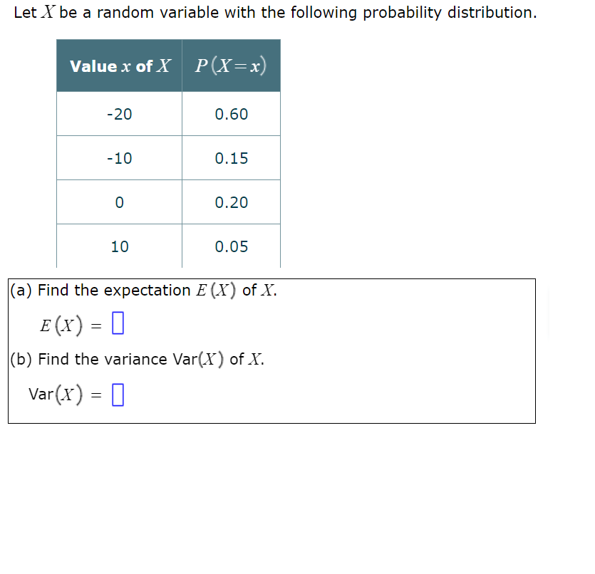 Let X be a random variable with the following probability distribution.
Value x of X P(X=x)
-20
-10
0
10
0.60
0.15
0.20
0.05
(a) Find the expectation E (X) of X.
E (X) = 0
(b) Find the variance Var(X) of X.
Var(x) = 0