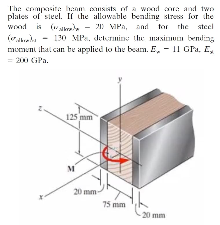 The composite beam consists of a wood core and two
plates of steel. If the allowable bending stress for the
wood
is
= 20 MPa,
and
the
steel
(Callow)w
130 MPa, determine the maximum bending
for
(Tallow) st
moment that can be applied to the beam. Ew
= 11 GPa, Est
= 200 GPa.
125 mm
M
20 mm-
75 mm
20 mm
