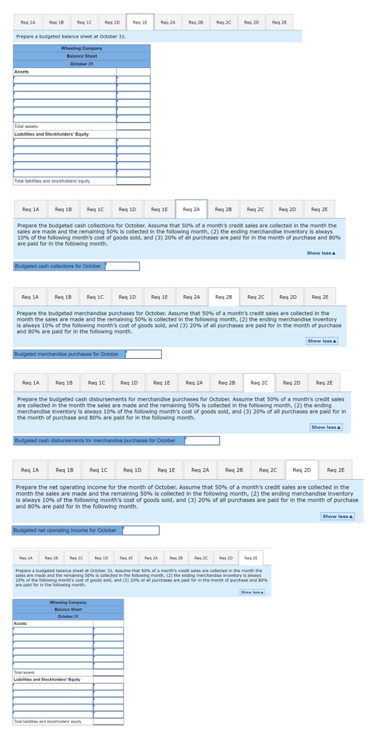 Reg 14
Reg 18
Reg IC
Reg ID
Reg 1E
Reg 24
Reg 28
Reg 20
Reg 20
Reg 2E
Prepare a budgeted balance sheet at October 31.
Wheeling Company
Balance Sheet
October 31
Assets
Total ata
Liabilities and Stockholders Equity
Total abties and stockholders' equit
Reg 1A
Reg 18
Req 10
Reg 1D
Reg 1E
Req 2A
Reg 28
Req 20
Req 20
Reg 2E
Prepare the budgeted cash collections for October. Assume that 50% of a month's credit sales are collected in the month the
sales are made and the remalning 50% Is collected in the following month, (2) the ending merchandise Inventory Is ahways
10% of the following month's cost of goods sold, and (3) 20% of all purchases are paid for in the month of purchase and 80%
are pald for In the following month.
Show less a
Judgeted cash collections for October
Req 1A
Reg 18
Reg 10
Reg 1D
Reg 1E
Reg 2A
Req 28
Req 20
Req 20
Reg 2E
Prepare the budgeted merchandise purchases for October. Assume that 50% of a month's credit sales are collected in the
month the sales are made and the remaining 50% Is collected in the following month, (2) the ending merchandise inventory
is always 10% of the following month's cost of goods sold, and (3) 20% of all purchases are paid for in the month of purchase
and 80% are pald for In the following month.
Show less A
Budgeted merchandise purchases for October
Reg 1A
Reg 18
Reg 10
Reg 10
Req 1E
Reg 2A
Reg 28
Reg 20
Req 20
Req 2E
Prepare the budgeted cash disbursements for merchandise purchases for October. Assume that 50% of a month's credit sales
are collected in the month the sales are made and the remaining 50% is collected in the following month, (2) the ending
merchandise Inventory is always 10% of the following month's cost of goods sold, and (3) 20% of all purchases are paid for In
the month of purchase and 80% are paid for in the following month.
Show less A
Budgeted cash disbursements for merchandise purchases for October
Reg 1A
Reg 18
Reg 10
Req 1D
Req 1E
Req 2A
Reg 28
Req 20
Req 20
Reg 2E
Prepare the net operating income for the month of October. Assume that 50% of a month's credit sales are collected in the
month the sales are made and the remalning 50% is collected in the following month, (2) the ending merchandise Inventory
is always 10% of the following month's cost of goods sold, and (3) 20% of all purchases are paid for in the month of purchase
and 80% are pald for In the following month.
Show lesSA
Budgeted net operating income for October
Reg 1A
Reg 16
Reg iC
Reg 10
Reg E
Reg 2A
Reg 28
Reg 0
Reg 20
Reg 2E
Prepare a budgeted balance sheet at October 31. Assume that Sa of a month's credit sales are collected in the month the
sales are made and the remaining s0% is collected in the fellowing month, (2) the ending merchandise inventory is always
10% of the following month's cost of goods sold, and (3) 20% of al purchases are paid for in the month of purchase and so
are paid for in the fotowing month
Shew less a
Wheeling Compeny
Balance Sheet
October 31
Assets
Total assets
Liabilties and StockholdersEquity
Total l e and stockholders equty
