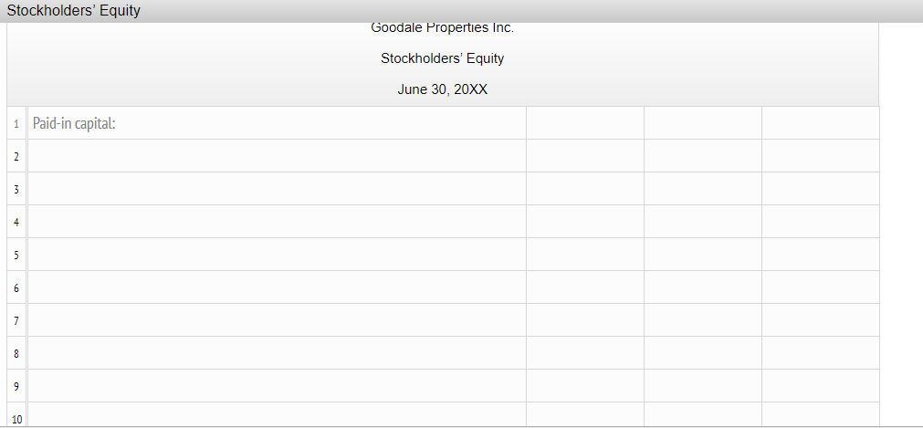 Stockholders' Equity
Goodale Properties Inc.
Stockholders' Equity
June 30, 20XX
1 Paid-in capital:
2
3
4
5
6
8
9
10
