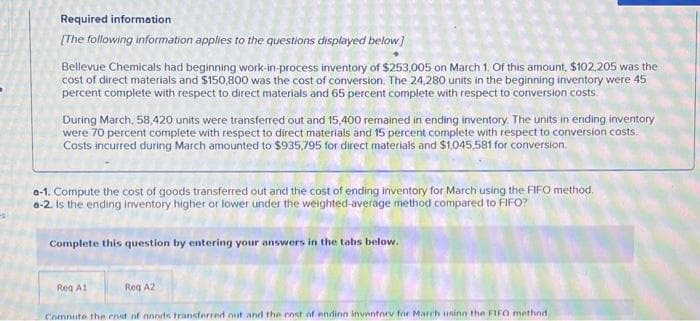 Required information
[The following information applies to the questions displayed below.]
Bellevue Chemicals had beginning work-in-process inventory of $253,005 on March 1. Of this amount, $102,205 was the
cost of direct materials and $150,800 was the cost of conversion. The 24,280 units in the beginning inventory were 45
percent complete with respect to direct materials and 65 percent complete with respect to conversion costs.
During March, 58,420 units were transferred out and 15,400 remained in ending inventory. The units in ending inventory
were 70 percent complete with respect to direct materials and 15 percent complete with respect to conversion costs.
Costs incurred during March amounted to $935,795 for direct materials and $1,045,581 for conversion.
a-1. Compute the cost of goods transferred out and the cost of ending Inventory for March using the FIFO method.
a-2. Is the ending inventory higher or lower under the weighted-average method compared to FIFO?
Complete this question by entering your answers in the tabs below.
Reg A1
Reg A2
Comnute the cost of noods transferred out and the cost of endino inventory for March using the FIFO method.