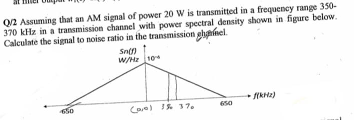 Q/2 Assuming that an AM signal of power 20 W is transmitted in a frequency range 350-
370 kHz in a transmission channel with power spectral density shown in figure below.
Calculate the signal to noise ratio in the transmission ehanmel.
Sn(f)
W/Hz 10
f(kHz)
650
Coo) 3% 37.
650
