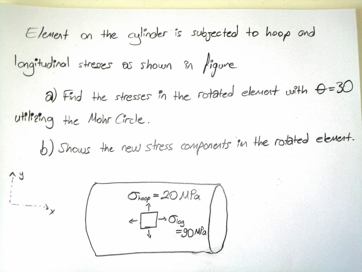 Element
on the cylinder is subjected to hoop ond
longitudinal streses as shown Pn
Agure
a) Fnd the stresses n the rotated element wrth e=30
uttiFetng the Mohr Circle.
6) Shows the new stress components in the rotated elevent.
Oreop = 20 MPa
=90 Mla
