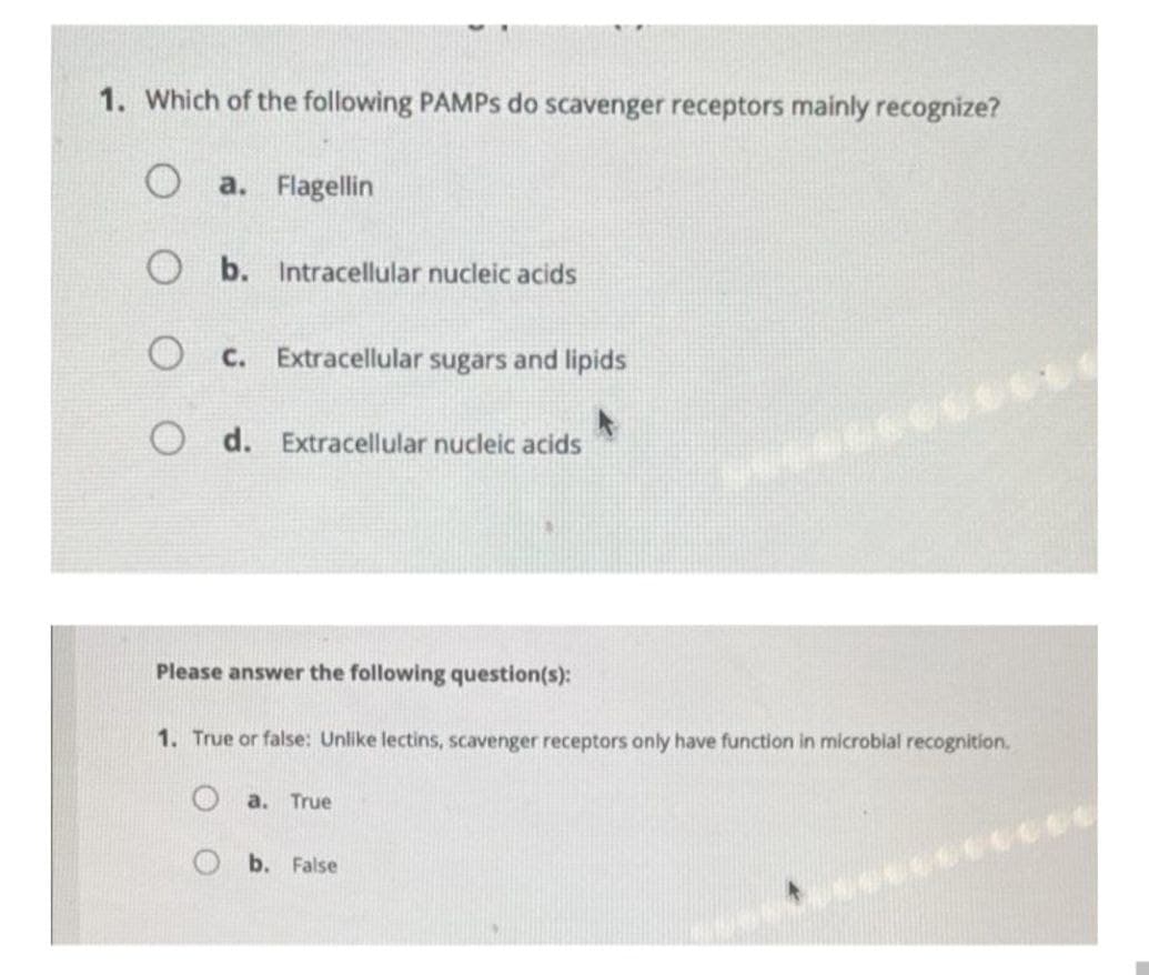 1. Which of the following PAMPS do scavenger receptors mainly recognize?
a. Flagellin
b. Intracellular nucleic acids
C. Extracellular sugars and lipids
d. Extracellular nucleic acids
Please answer the following question(s):
1. True or false: Unlike lectins, scavenger receptors only have function in microbial recognition.
a. True
O b. False
