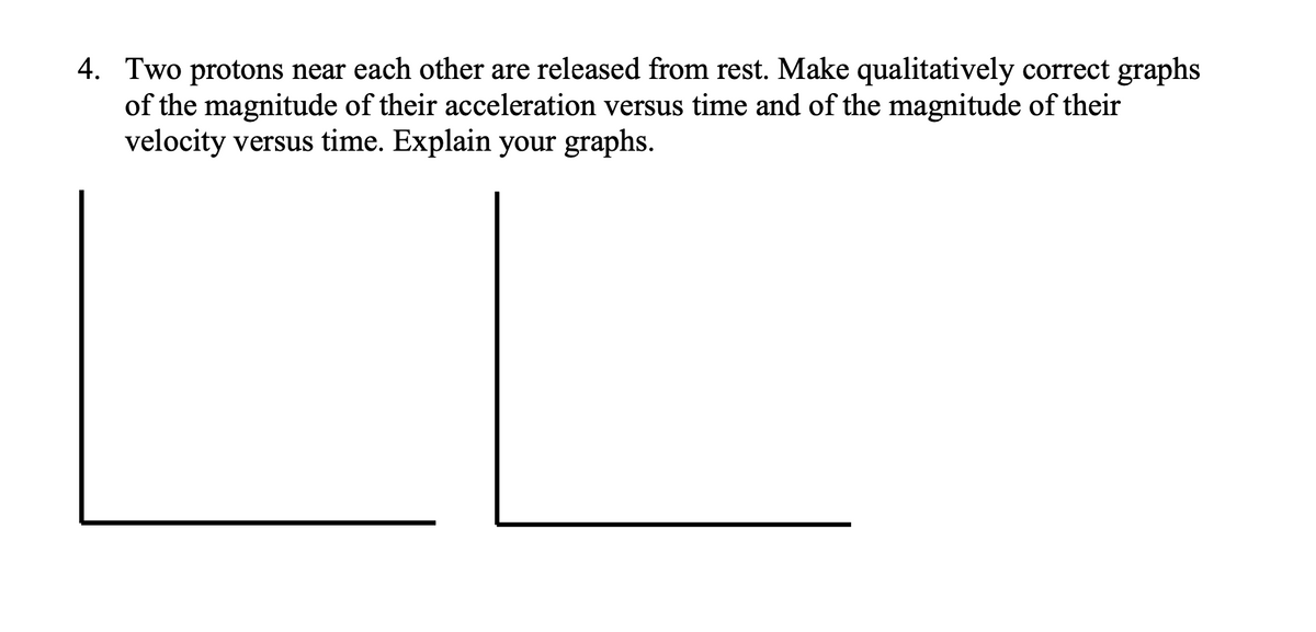 4. Two protons near each other are released from rest. Make qualitatively correct graphs
of the magnitude of their acceleration versus time and of the magnitude of their
velocity versus time. Explain your graphs.