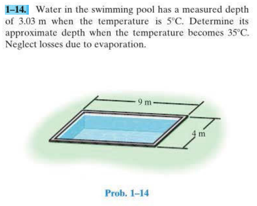 1-14. Water in the swimming pool has a measured depth
of 3.03 m when the temperature is 5°C. Determine its
approximate depth when the temperature becomes 35°C.
Neglect losses due to evaporation.
9 m
4 m
Prob. 1-14
