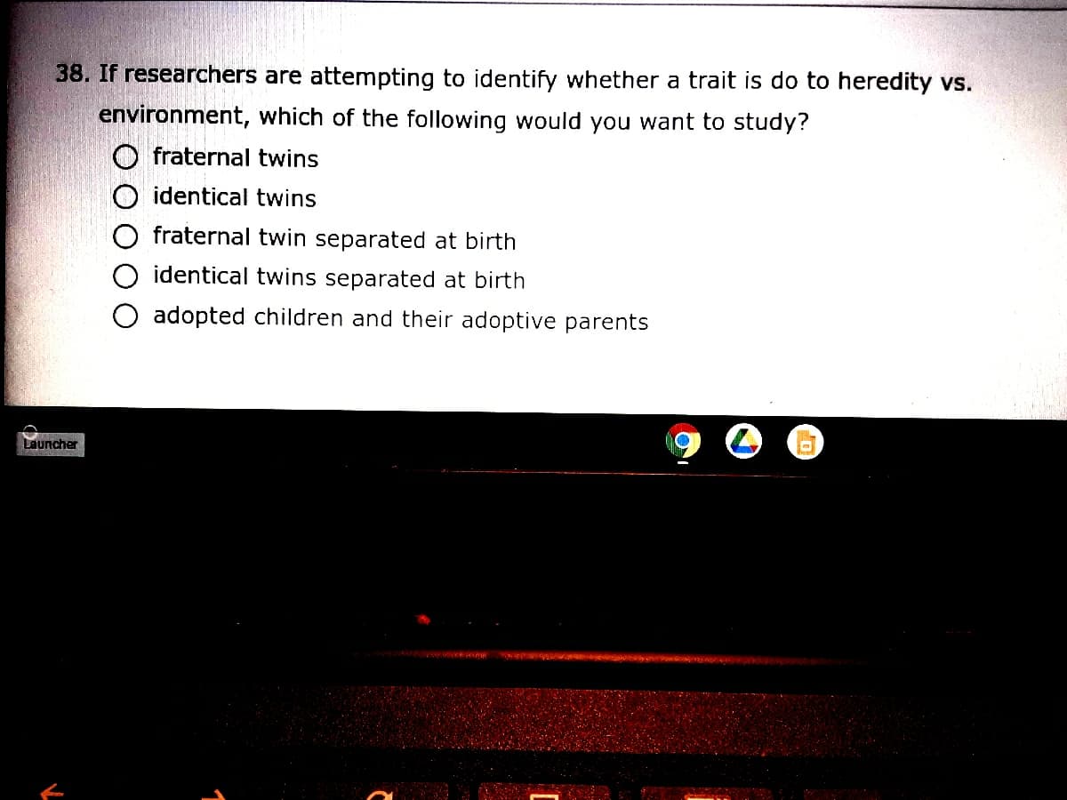 38. If researchers are attempting to identify whether a trait is do to heredity vs.
environment, which of the following would you want to study?
O fraternal twins
identical twins
fraternal twin separated at birth
O identical twins separated at birth
O adopted children and their adoptive parents
Launcher
