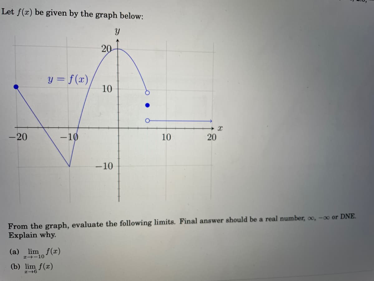 Let f(x) be given by the graph below:
20
y = f(x)
10
-20
-10
10
20
-10
From the graph, evaluate the following limits. Final answer should be a real number, oo,-oo or DNE.
Explain why.
(a)
lim f(x)
T -10
(b) lim f(x)
