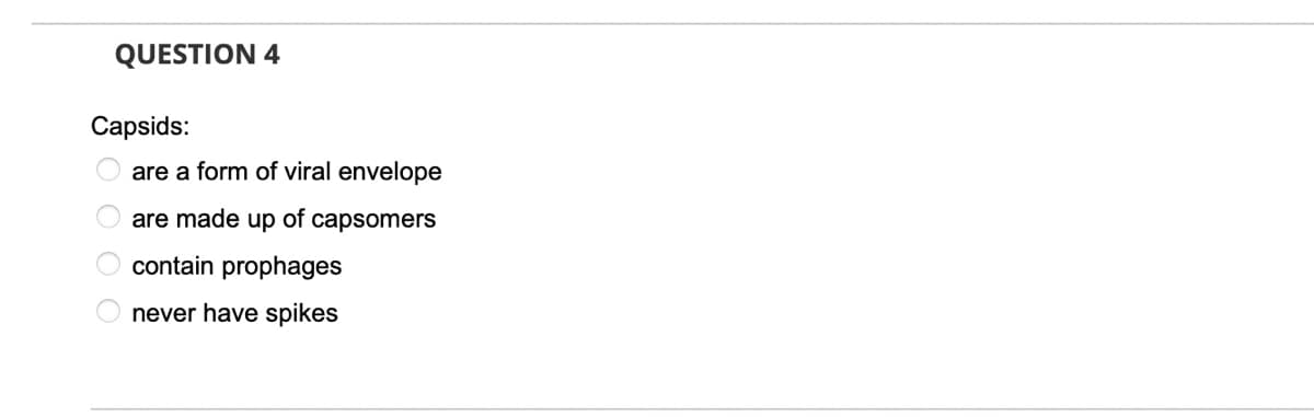 QUESTION 4
Capsids:
are a form of viral envelope
are made up of capsomers
contain prophages
never have spikes
