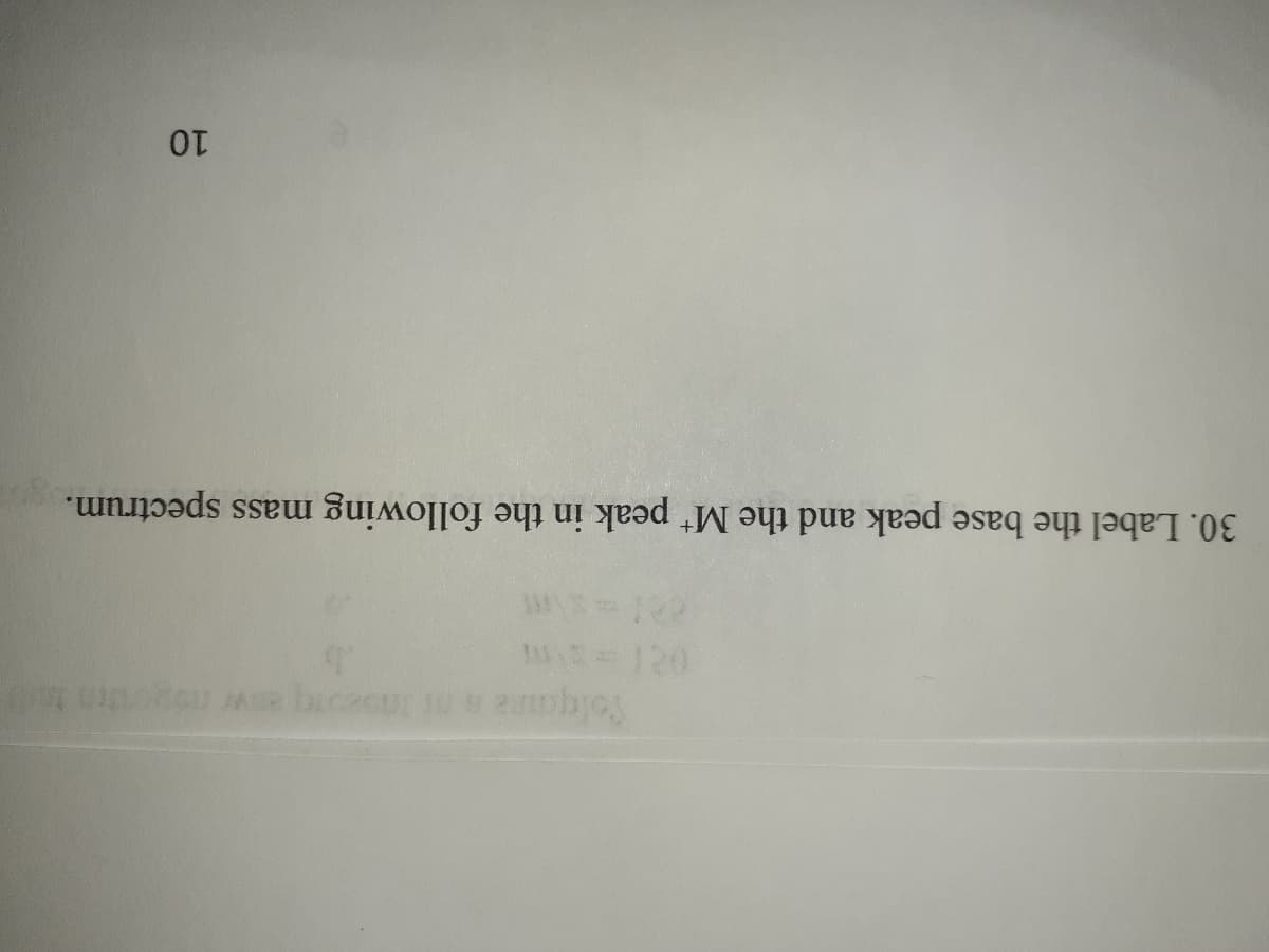 1 120
30. Label the base peak and the Mt peak in the following mass spectrum.
