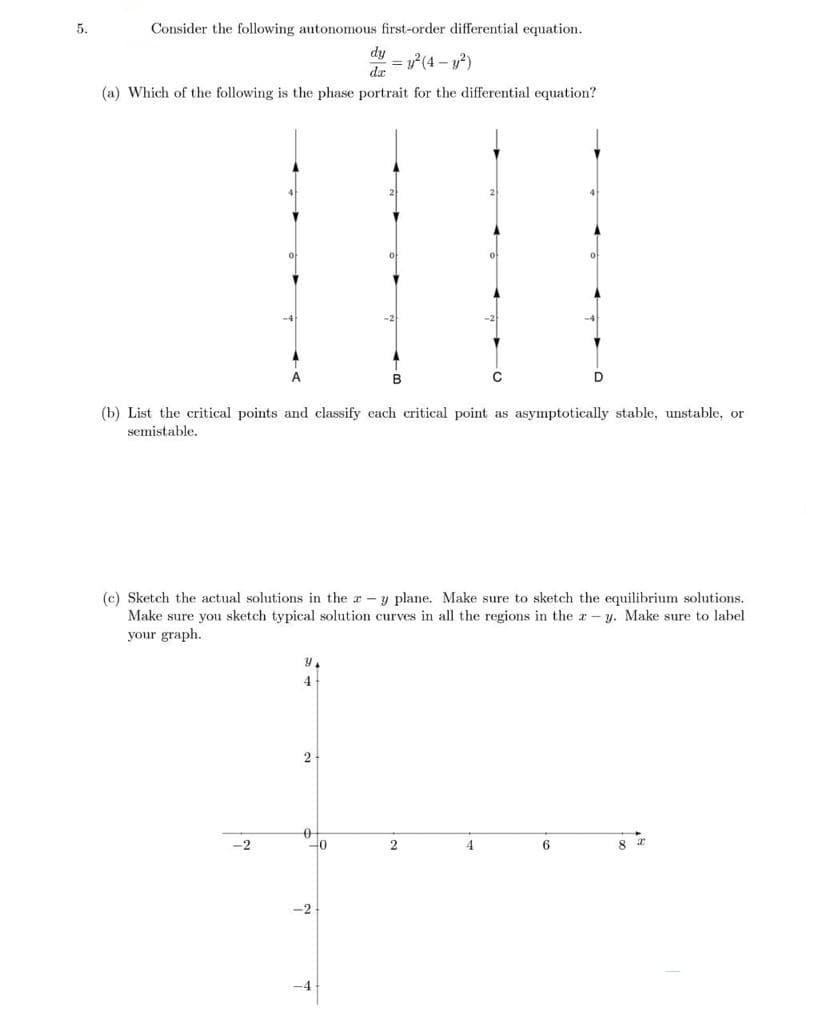 5.
Consider the following autonomous first-order differential equation.
dy
da
= y²(4- y²)
(a) Which of the following is the phase portrait for the differential equation?
0
-2
B
(b) List the critical points and classify each critical point as asymptotically stable, unstable, or
semistable.
(c) Sketch the actual solutions in the r- y plane. Make sure to sketch the equilibrium solutions.
Make sure you sketch typical solution curves in all the regions in the a-y. Make sure to label
your graph.
Y
4
6
-2
4
2
0
-0
2