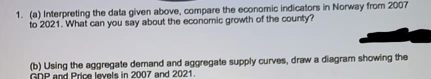 1. (a) Interpreting the data given above, compare the economic indicators in Norway from 2007
to 2021. What can you say about the economic growth of the county?
(b) Using the aggregate demand and aggregate supply curves, draw a diagram showing the
GDP and Price levels in 2007 and 2021.