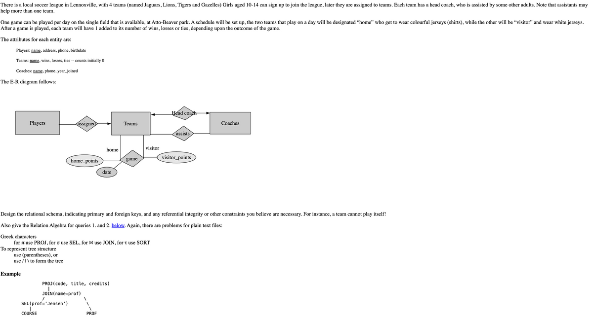 There is a local soccer league in Lennoxville, with 4 teams (named Jaguars, Lions, Tigers and Gazelles) Girls aged 10-14 can sign up to join the league, later they are assigned to teams. Each team has a head coach, who is assisted by some other adults. Note that assistants may
help more than one team.
One game can be played per day on the single field that is available, at Atto-Beaver park. A schedule will be set up, the two teams that play on a day will be designated “home” who get to wear colourful jerseys (shirts), while the other will be "visitor" and wear white jerseys.
After a game is played, each team will have 1 added to its number of wins, losses or ties, depending upon the outcome of the game.
The attributes for each entity are:
Players: name, address, phone, birthdate
Teams: name, wins, losses, ties -- counts initially 0
Coaches: name, phone, year_joined
The E-R diagram follows:
Head coach
Players
assigned
Teams
Coaches
assists
visitor
home
home_points
game
visitor_points
date
Design the relational schema, indicating primary and foreign keys, and any referential integrity or other constraints you believe are necessary. For instance, a team cannot play itself!
Also give the Relation Algebra for queries 1. and 2. below. Again, there are problems for plain text files:
Greek characters
for л use PROJ, for σ use SEL, for > use JOIN, for τ use SORT
To represent tree structure
use (parentheses), or
use to form the tree
Example
PROJ (code, title, credits)
JOIN (name=prof)
SEL (prof='Jensen')
COURSE
PROF