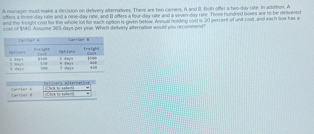 A manager must make a decision on delivery alternatives. There are two carriers, A and B. Both offer a two-day rate. In addition, A
offers a three-day rate and a nine-day rate, and B offers a four-day rate and a seven-day rate. Three hundred boxes are to be delivered
and the freight cost for the whole lot for each option is given below. Annual holding cost is 20 percent of unit cost, and each box has a
cost of $140. Assume 365 days per year. Which delivery alternative would you recommend?
Carrier A
Options
2 days
3 days
9 days
Carrier A
Carrier B
Freight
Cost
$580
530
500
Carrier B
Options
2 days
4 days
7 days
Freight
Cost
$500
460
420
Delivery alternative
(Click to select)
(Click to select)