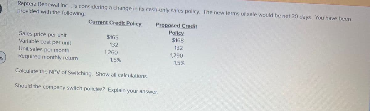 35
Rapterz Renewal Inc.. is considering a change in its cash-only sales policy. The new terms of sale would be net 30 days. You have been
provided with the following:
Current Credit Policy
Sales price per unit
Variable cost per unit
Unit sales per month
Required monthly return
Calculate the NPV of Switching. Show all calculations.
$165
132
1,260
1.5%
Proposed Credit
Policy
$168
132
Should the company switch policies? Explain your answer.
1,290
1.5%