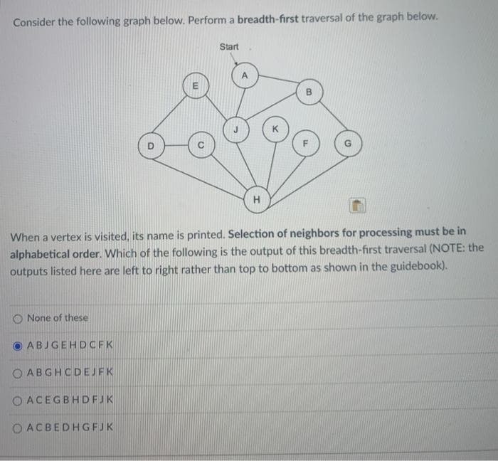 Consider the following graph below. Perform a breadth-first traversal of the graph below.
O None of these
ABJGEHDCFK
O
OABGHCDEJFK
OACEGBHDFJK
OACBEDHGFJK
Start
When a vertex is visited, its name is printed. Selection of neighbors for processing must be in
alphabetical order. Which of the following is the output of this breadth-first traversal (NOTE: the
outputs listed here are left to right rather than top to bottom as shown in the guidebook).
A
H