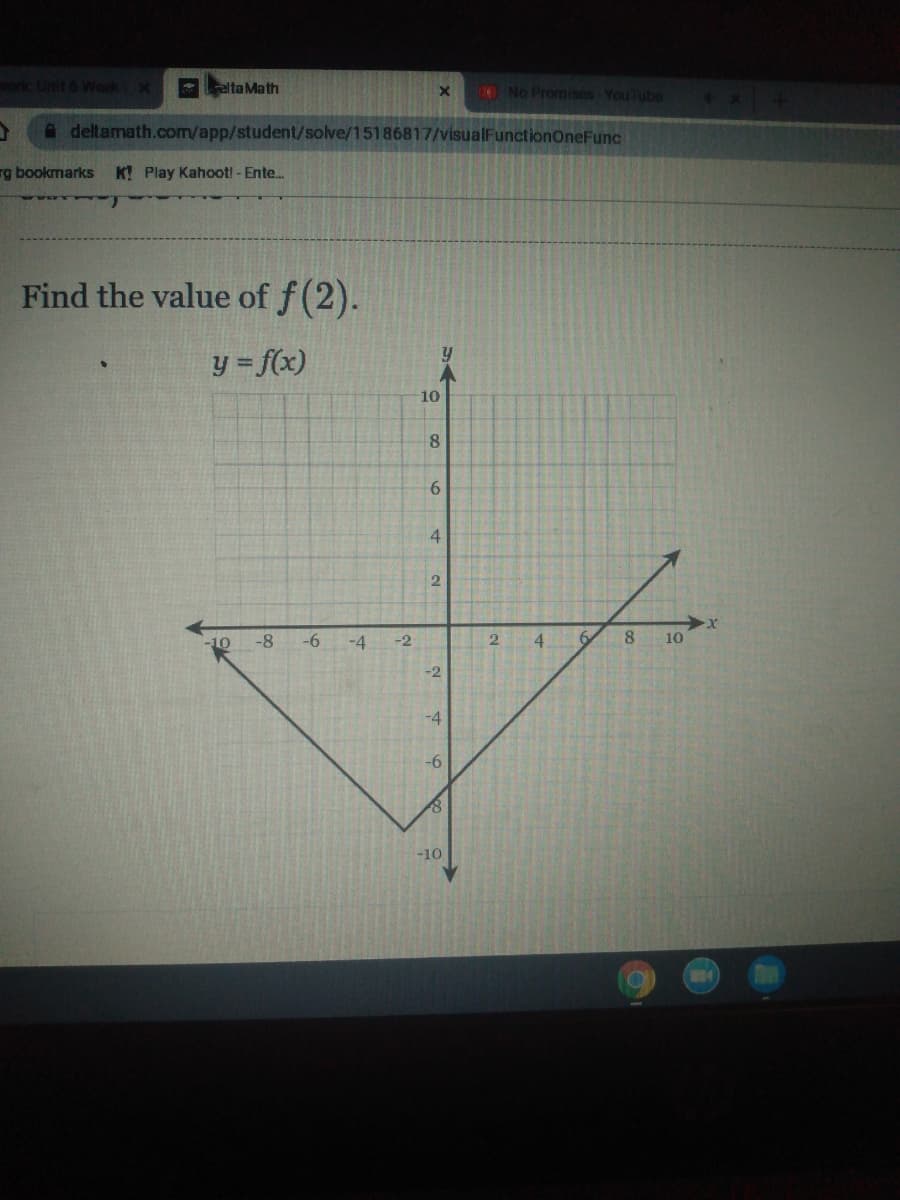 worc init 6 Wook X
elta Math
4ONO Promises YouTube
A deltamath.com/app/student/solve/15186817/visualFunctionOneFunc
rg bookmarks
K! Play Kahoot! - Ente..
Find the value of f(2).
y = f(x)
10
8.
6.
4.
10
-8
-6
-4
-2
4.
10
-2
-4
-6
-10
