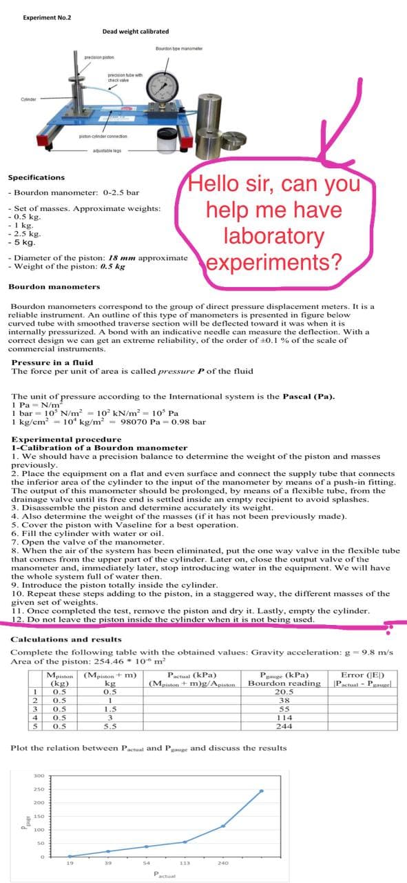 Experiment No.2
Dead weight calibrated
Bourdon tpe manometar
precision piston
precsion e with
theck valve
Cnder
piton onder connection
adustatie leg
Hello sir, can you
help me have
laboratory
experiments?
Specifications
- Bourdon manometer: 0-2.5 bar
- Set of masses. Approximate weights:
-0.5 kg.
-I kg.
- 2.5 kg.
- 5 kg.
- Diameter of the piston: 18 mm approximate
- Weight of the piston: 0.5 kg
Bourdon manometers
Bourdon manometers correspond to the group of direct pressure displacement meters. It is a
reliable instrument. An outline of this type of manometers is presented in figure below
curved tube with smoothed traverse section will be deflected toward it was when it is
internally pressurized. A bond with an indicative needle can measure the deflection. With a
correct design we can get an extreme reliability, of the order of +0.1 % of the scale of
commercial instruments.
Pressure in a fluid
The force per unit of area is called pressure Pof the fluid
The unit of pressure according to the International system is the Pascal (Pa).
1 Pa = N/m?
1 bar = 10° N/m? = 10° kN/m = 10 Pa
1 kg/cm - 10 kg/m = 98070 Pa = 0.98 bar
Experimental procedure
1-Calibration of a Bourdon manometer
1. We should have a precision balance to determine the weight of the piston and masses
previously.
. Place the equipment on a flat and even surface and connect the supply tube that connects
the inferior area of the cylinder to the input of the manometer by means of a push-in fitting.
The output of this manometer should be prolonged, by means of a flexible tube, from the
drainage valve until its free end is settled inside an empty recipient to avoid splashes.
3. Disassemble the piston and determine accurately its weight.
4. Also determine the weight of the masses (if it has not been previously made).
5. Cover the piston with Vaseline for a best operation.
6. Fill the eylinder with water or oil.
7. Open the valve of the manometer.
8. When the air of the system has been eliminated, put the one way valve in the flexible tube
that comes from the upper part of the cylinder. Later on, close the output valve of the
manometer and, immediately later, stop introducing water in the equipment. We will have
the whole system full of water then.
9. Introduce the piston totally inside the cylinder.
10. Repeat these steps adding to the piston, in a staggered way, the different masses of the
given set of weights.
11. Once completed the test, remove the piston and dry it. Lastly, empty the cylinder.
12. Do not leave the piston inside the cylinder when it is not being used.
2. P
Calculations and results
Complete the following table with the obtained values: Gravity acceleration: g = 9.8 m/s
Area of the piston: 254.46 * 10* m
Mpiston
(kg)
0.5
(Mpiston + m)
kg
0.5
Pactual (kPa)
(Mpiston + m)g/Apiston
Peauge (kPa)
Bourdon reading
Error (E)
Pactual - Pgagel
20.5
38
0.5
0.5
1.5
55
3
0.5
0.5
114
5
5.5
244
Plot the relation between Pactual and Pgauge and discuss the results
300
250
200
150
P.
100
50
19
39
113
240
Pactual
