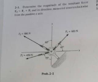 2-1. Determine the magnitude of the resultant force
-1F, and its direction, measured counterclockwise
from the positive a axis
- 600 N
60
5-450N
Prob. 2-1
