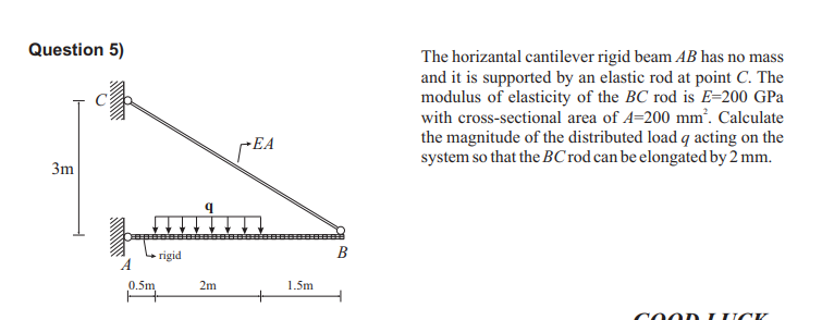 Question 5)
The horizantal cantilever rigid beam AB has no mass
and it is supported by an elastic rod at point C. The
modulus of elasticity of the BC rod is E=200 GPa
with cross-sectional area of A=200 mm’. Calculate
the magnitude of the distributed load q acting on the
system so that the BC rod can be elongated by 2 mm.
EA
3m
rigid
B
0.5m
2m
1.5m
cooD IUCV
