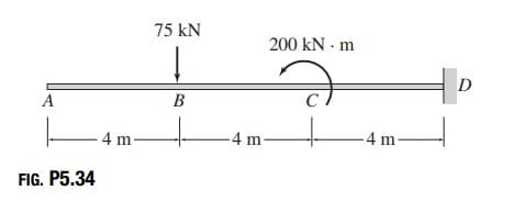 A
FIG. P5.34
4 m-
75 kN
B
200 kN - m
-4 m-
-4 m-
D