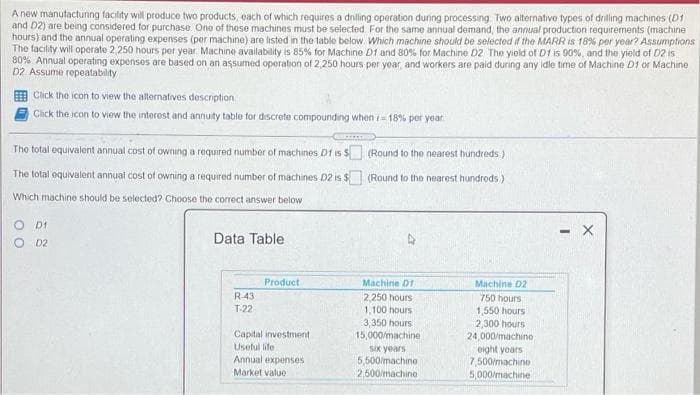 A new manutactunng facility will produce two products, each of which requires a dnilling operation during processing Two alternative types of drilling machines (D1
and D2) are being considered for purchase. One of these machines must be selected For the same annual demand, the annual production requirements (machine
hours) and the annual operating expenses (per machine) are listed in the table below Which machine should be selected if the MARR is 18% per year? Assumptions
The facility will operate 2,250 hours per year Machine availability is 85% for Machine D1 and 80% for Machine D2 The yield of Df is 90%, and the yield of D2 is
80% Annual operating expenses are based on an asşsumed operation of 2,250 hours per year, and workers are paid during any idle time of Machine D1 or Machine
D2 Assume repeatability
Click the icon to view the allternatives descrption
Click the icon to view the interest and annuity table for discrete compounding when i= 18% per year
The total oquivalent annual cost of owning a required number of machines Df is $
(Round to the nearest hundreds )
The total oquivalent annuai cost of owning a required number of machines D2 is $ (Round to the nearest hundreds)
Which machine should be selected? Choose the correct answer below
O Df
- X
Data Table
O D2
Product
Machine D1
Machine D2
R-43
2,250 hours
750 hours
1,550 hours
2,300 hours
24,000/machino
eight years
7,500/machine
5,000/machine
T-22
1,100 hours
3,350 hours
15,000/machine
Capital investment
Useful life
Annual expenses
Sx years
5,500/machine
2,500/machine
Market value
