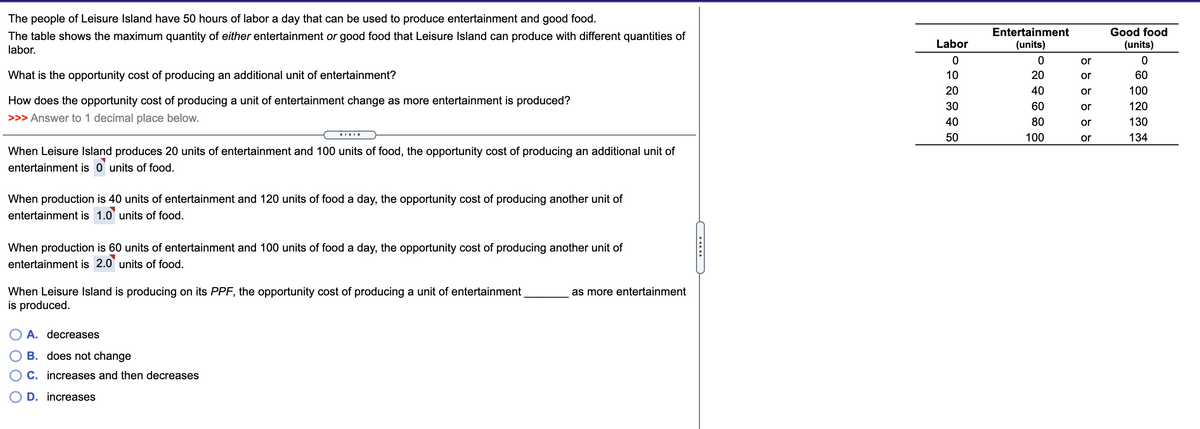 The people of Leisure Island have 50 hours of labor a day that can be used to produce entertainment and good food.
Entertainment
Good food
The table shows the maximum quantity of either entertainment or good food that Leisure Island can produce with different quantities of
labor.
Labor
(units)
(units)
or
What is the opportunity cost of producing an additional unit of entertainment?
10
20
or
60
20
40
or
100
How does the opportunity cost of producing a unit of entertainment change as more entertainment is produced?
30
60
or
120
>>> Answer to 1 decimal place below.
40
80
130
or
50
100
or
134
When Leisure Island produces 20 units of entertainment and 100 units of food, the opportunity cost of producing an additional unit of
entertainment is 0 units of food.
When production is 40 units of entertainment and 120 units of food a day, the opportunity cost of producing another unit of
entertainment is 1.0 units of food.
When production is 60 units of entertainment and 100 units of food a day, the opportunity cost of producing another unit of
entertainment is 2.0 units of food.
When Leisure Island is producing on its PPF, the opportunity cost of producing a unit of entertainment
is produced.
as more entertainment
A. decreases
B. does not change
C. increases and then decreases
D. increases
