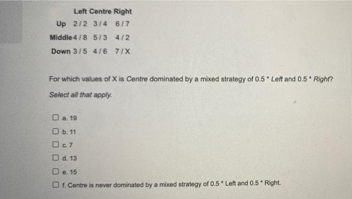 Left Centre Right
Up 2/2 314 6/7
Middle 4/8 5/3 4/2
Down 3/5 4/6 7/X
For which values of X is Centre dominated by a mixed strategy of 0.5* Left and 0.5 Right?
Select all that apply.
O a. 19
O b. 11
O c.7
O d. 13
O e. 15
O f. Centre is never dominated by a mixed strategy of 0.5* Left and 0.5 * Right.
