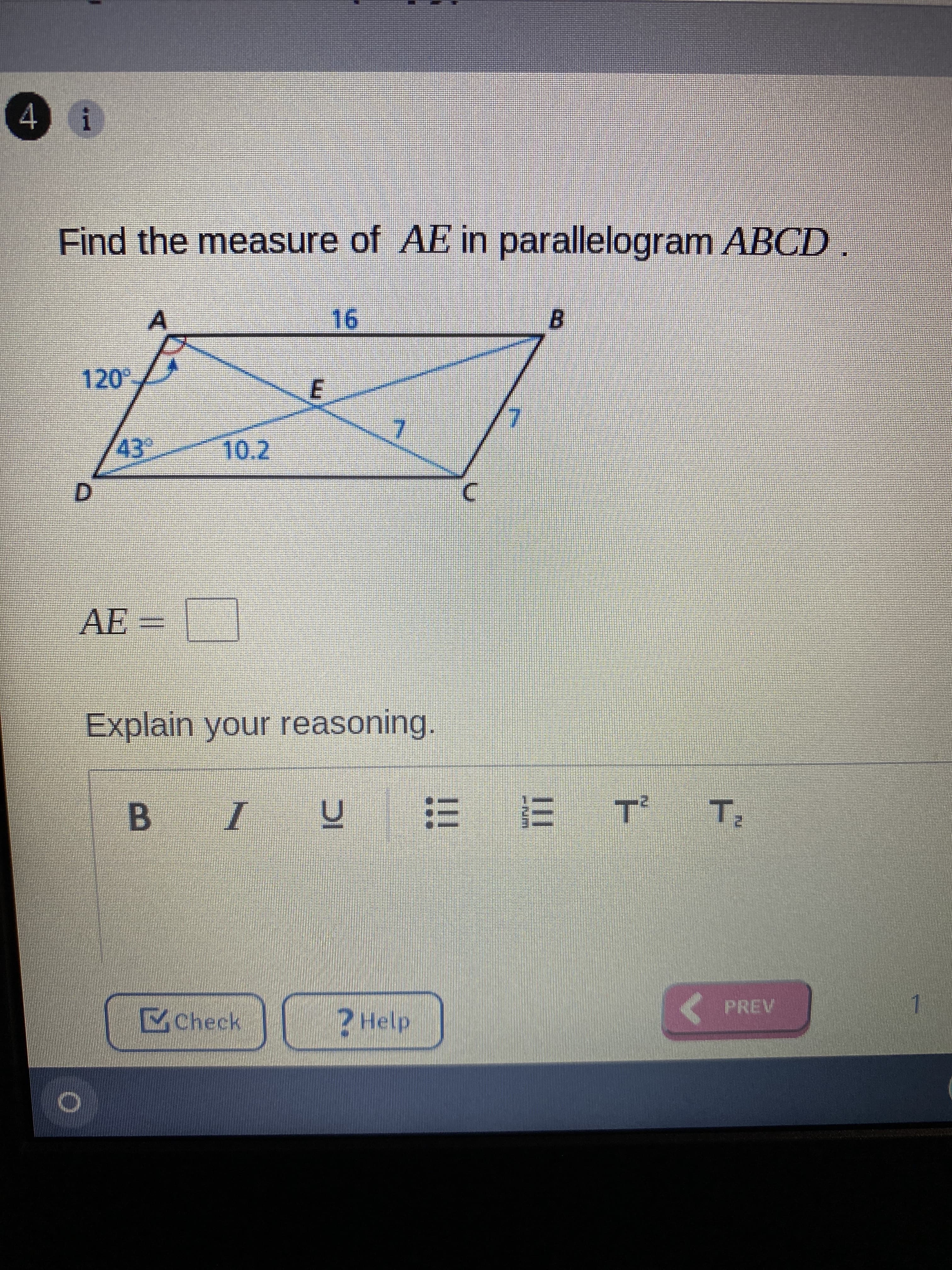 Find the measure of AE in parallelogram ABCD
