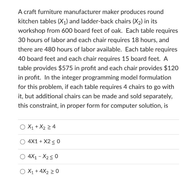 A craft furniture manufacturer maker produces round
kitchen tables (X1) and ladder-back chairs (X2) in its
workshop from 600 board feet of oak. Each table requires
30 hours of labor and each chair requires 18 hours, and
there are 480 hours of labor available. Each table requires
40 board feet and each chair requires 15 board feet. A
table provides $575 in profit and each chair provides $120
in profit. In the integer programming model formulation
for this problem, if each table requires 4 chairs to go with
it, but additional chairs can be made and sold separately,
this constraint, in proper form for computer solution, is
O X1 + X2 2 4
O 4X1 + X2 < 0
O 4X1 - X2< 0
O X1 + 4X2 2 0
