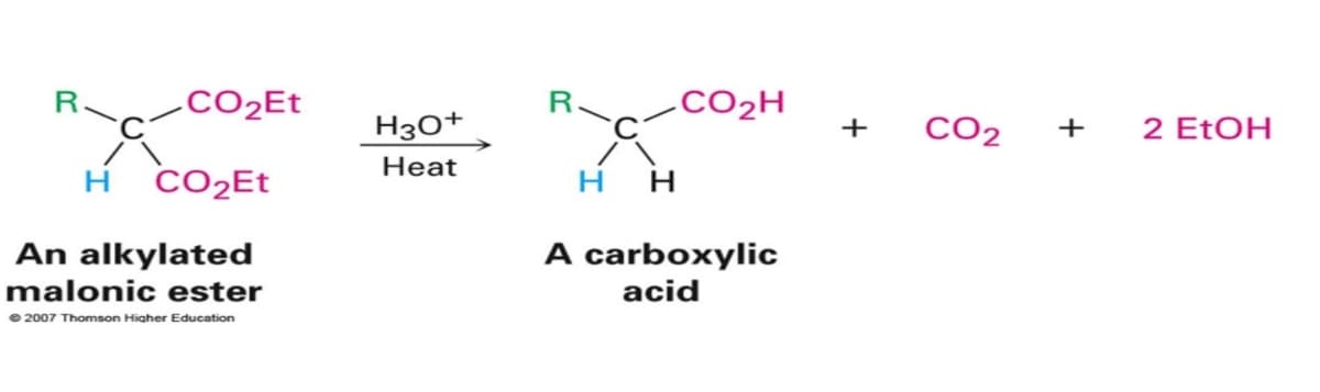 R
.CO2Et
R
.CO2H
H3O+
+
CO2
+
2 ETOH
Нeat
H CO2Et
H
H
An alkylated
malonic ester
A carboxylic
acid
e 2007 Thomson Higher Education
