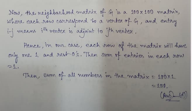 Now, the neighbarhood matrix of G is a 100x 100 matrix,
where each aw carrespond to a vertex of G, and entry
means ith vertex is adjoint
ij
to th vertex ,
Hence, in uz case, each row
of the matrix will have
one 1 and resto's, Then sum of entries in each row
mly
Then, sum of all numbers in the matrix= 100x1
- 100,
