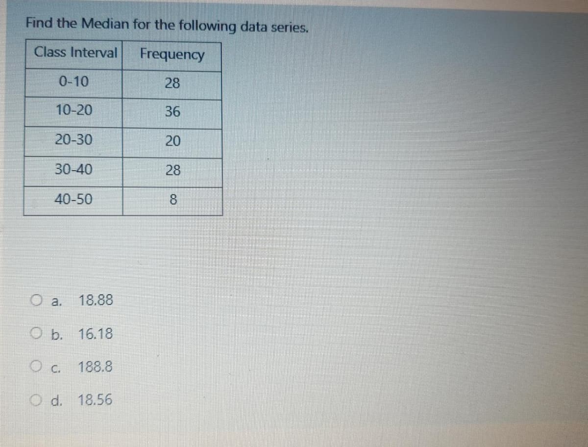 Find the Median for the following data series.
Class Interval
Frequency
0-10
28
10-20
36
20-30
20
30-40
28
40-50
8.
O a.
18.88
O b.
16.18
c.
188.8
O d.
18.56
