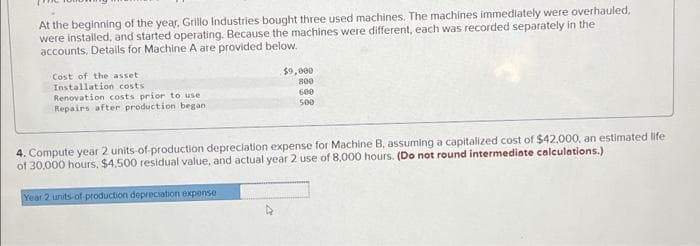 At the beginning of the year. Grillo Industries bought three used machines. The machines immediately were overhauled,
were installed, and started operating. Because the machines were different, each was recorded separately in the
accounts. Details for Machine A are provided below.
Cost of the asset
Installation costs
Renovation costs prior to use
Repairs after production began
$9,000
800
600
500
4. Compute year 2 units-of-production depreciation expense for Machine B, assuming a capitalized cost of $42,000, an estimated life
of 30,000 hours, $4,500 residual value, and actual year 2 use of 8,000 hours. (Do not round intermediate calculations.)
Year 2 units-of-production depreciation expense
4