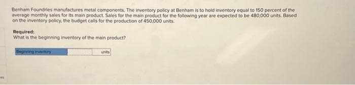 Benham Foundries manufactures metal components. The inventory policy at Benham is to hold inventory equal to 150 percent of the
average monthly sales for its main product. Sales for the main product for the following year are expected to be 480,000 units. Based
on the inventory policy, the budget calls for the production of 450,000 units.
Required:
What is the beginning inventory of the main product?
Beginning inventory
units