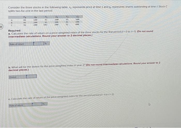 18
Consider the three stocks in the following table. P represents price at time t, and o represents shares outstanding at time t Stock C
splits two-for-one in the last period.
A
B
C
Pe
86
46
92
Rate of return
le
100
Divisor
200
200
P₁
91
41
102
91
100
200
200
P2
91
41
51
Required:
a. Calculate the rate of return on a price-weighted index of the three stocks for the first period (-0 to t=1). (Do not round
intermediate calculations. Round your answer to 2 decimal places.)
2₂
100
200
400
b. What will be the divisor for the price-weighted index in year 2? (Do not round intermediate calculations. Round your answer to 2
decimal places.)
c. Calculate the rate of return of the price-weighted index for the second period (t=1 to r-2)
Rate of return