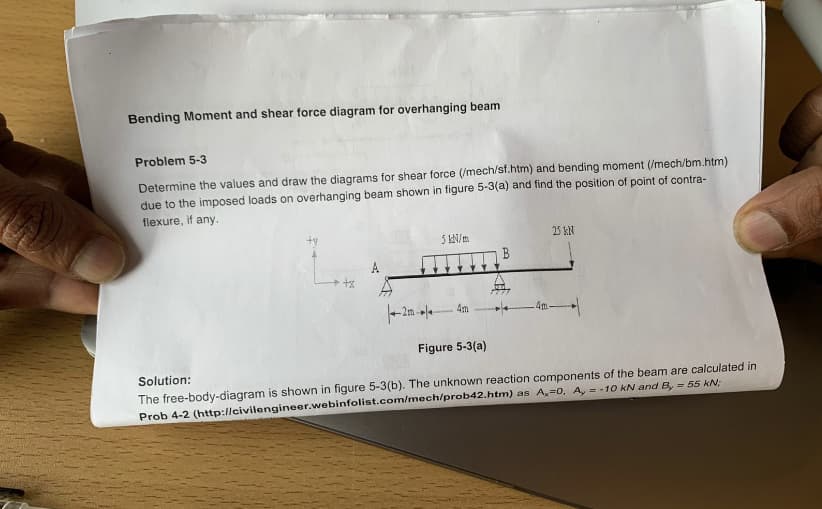 Bending Moment and shear force diagram for overhanging beam
Problem 5-3
Determine the values and draw the diagrams for shear force (/mech/sf.htm) and bending moment (/mech/bm.htm)
due to the imposed loads on overhanging beam shown in figure 5-3(a) and find the position of point of contra-
flexure, if any.
25 kN
3 IN/m
B
4m.
-4m-
Figure 5-3(a)
Solution:
The free-body-diagram is shown in figure 5-3(b). The unknown reaction components of the beam are calculated in
Prob 4-2 (http://civilengineer.webinfolist.com/mech/prob42.htm) as A, =0, A, = -10 kN and B, = 55 kN;
