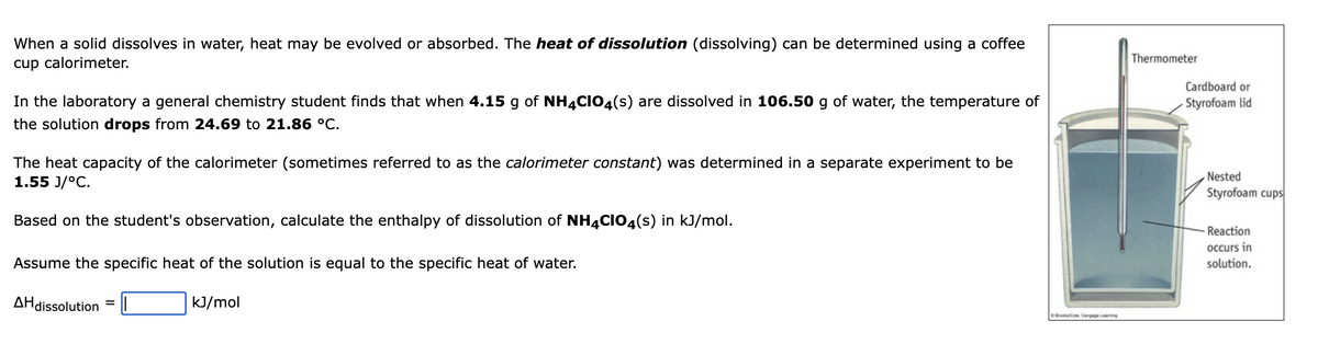 When a solid dissolves in water, heat may be evolved or absorbed. The heat of dissolution (dissolving) can be determined using a coffee
cup calorimeter.
In the laboratory a general chemistry student finds that when 4.15 g of NH4CIO4(s) are dissolved in 106.50 g of water, the temperature of
the solution drops from 24.69 to 21.86 °C.
The heat capacity of the calorimeter (sometimes referred to as the calorimeter constant) was determined in a separate experiment to be
1.55 J/°C.
Based on the student's observation, calculate the enthalpy of dissolution of NH4CIO4(s) in kJ/mol.
Assume the specific heat of the solution is equal to the specific heat of water.
kJ/mol
AH dissolution=
Book Cengage Leaming
Thermometer
Cardboard or
Styrofoam lid
Nested
Styrofoam cups
- Reaction
occurs in
solution.